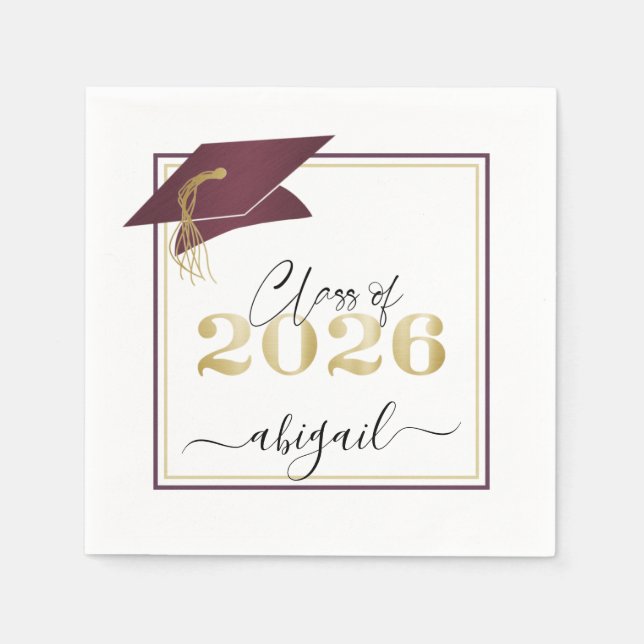 Graduation Cap 2026 Maroon Metallic Gold Script Napkin (Front)