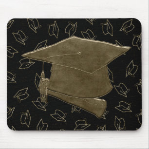 Graduation Cap and Diploma Mouse Pad, Brown, Black Pad