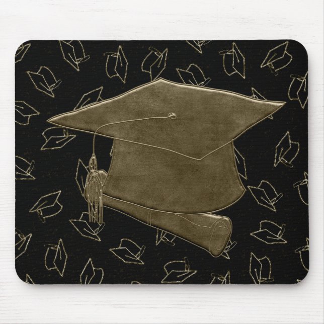 Graduation Cap and Diploma Mouse Pad, Brown, Black Pad (Front)