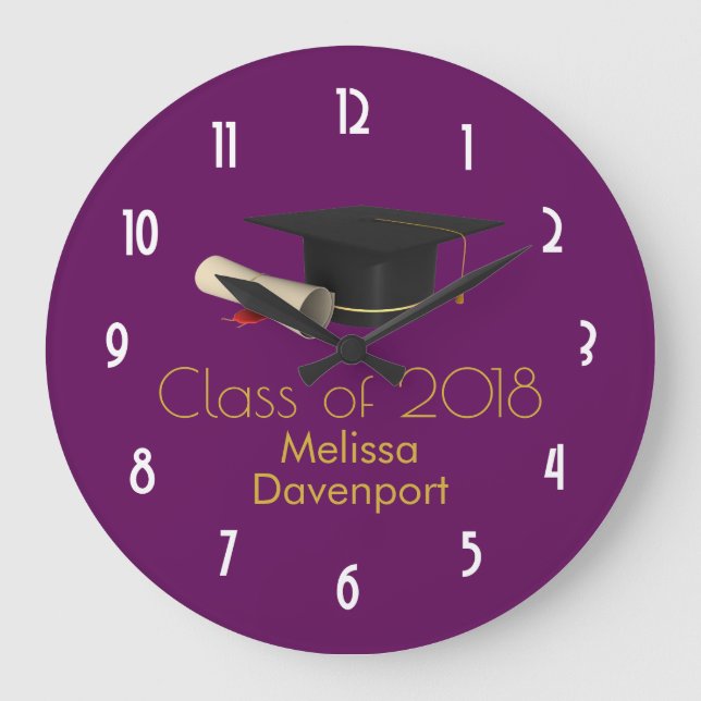Graduation Cap and Diploma on Purple Class of 20XX Large Clock (Front)