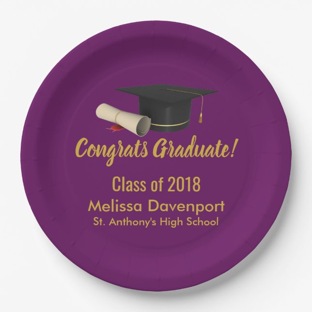 Graduation Cap and Diploma on Purple Class of 20XX Paper Plate (Front)