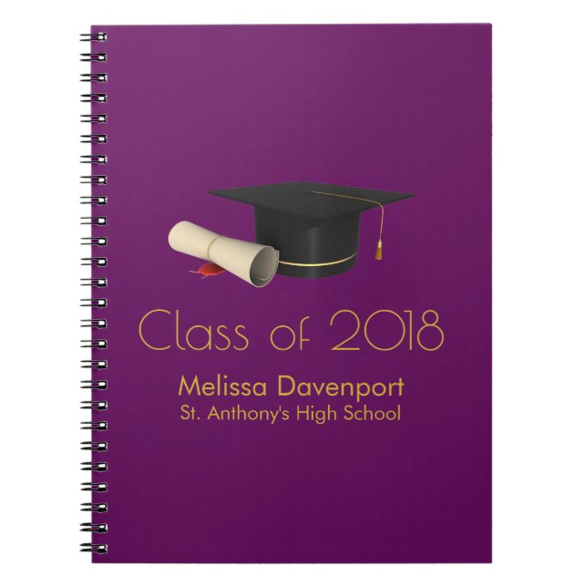 Graduation Cap and Diploma on Purple Class of 20XX Spiral Notebook (Front)