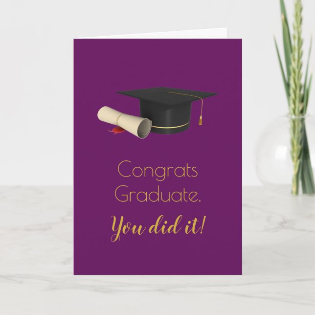 Graduation Cap and Diploma on Purple Grad Congrats Card (Front)