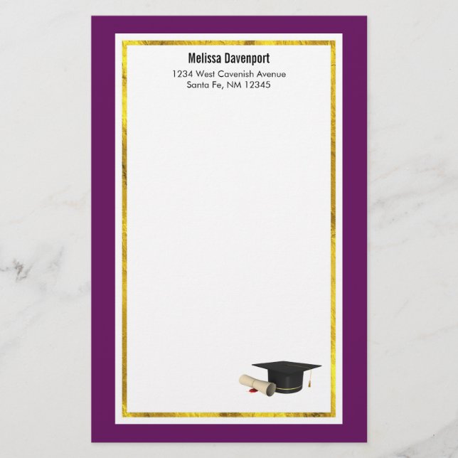 Graduation Cap and Diploma on Purple Stationery (Front)