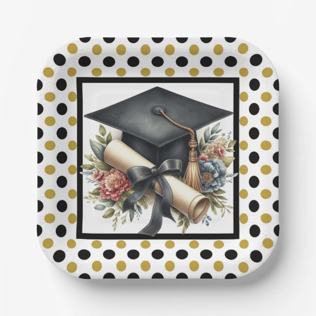 Graduation Cap And Diploma  Paper Plate (Front)