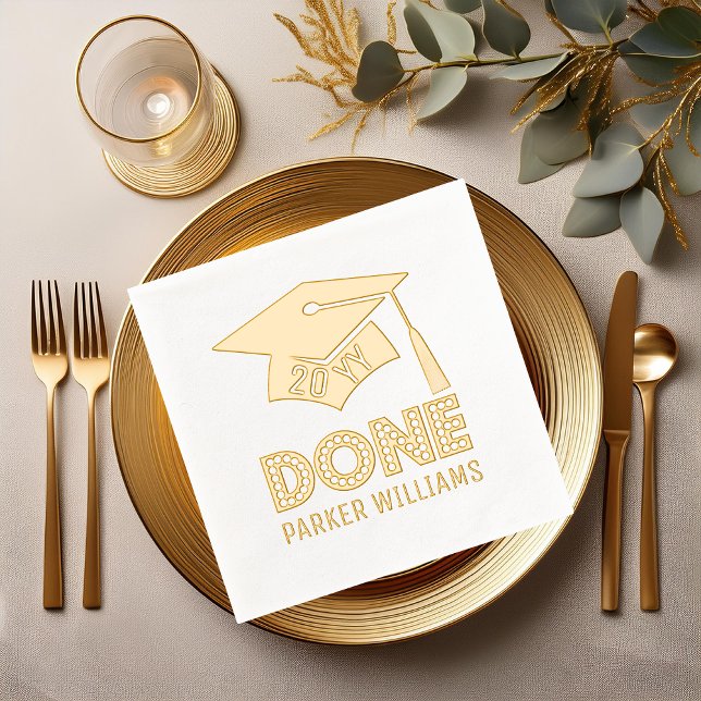 Graduation Cap and Tassel "DONE" Class Year | Name Foil Napkins (Graduation Cap and Tassel "DONE" Class Year and Name Gold Stamped Foil Napkins)