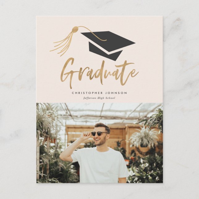 Graduation Cap and Tassel Gold Foil Photo Party Announcement Postcard (Front)