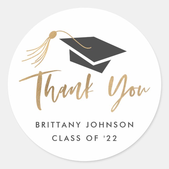 Graduation Cap and Tassel Gold Foil Thank You Classic Round Sticker (Front)