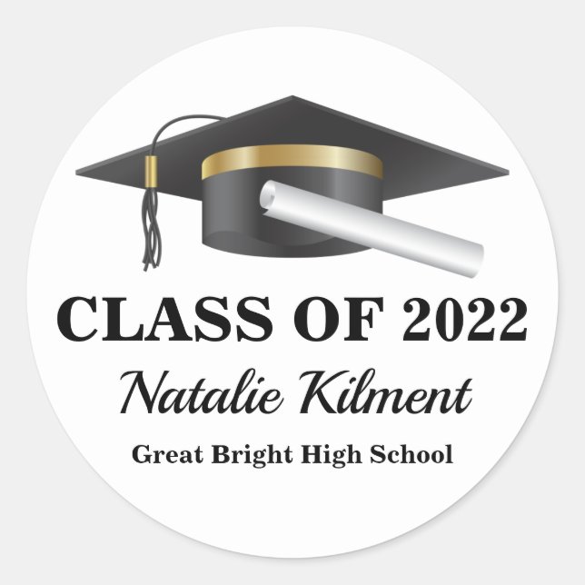 Graduation Cap Black and Gold Class of 2022 Classic Round Sticker (Front)