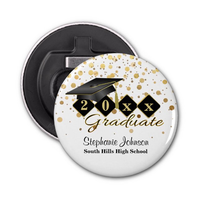 Graduation Cap Black Gold Personalised Bottle Opener (Front)