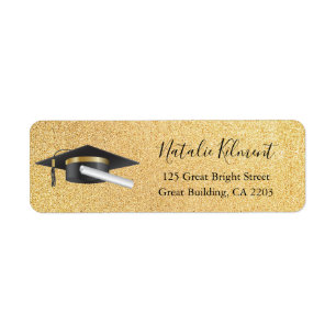 Graduation Cap Black & Gold Script Return Address