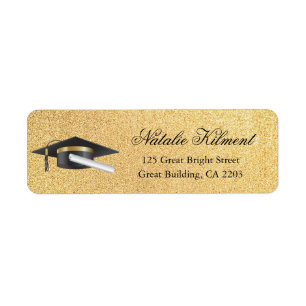 Graduation Cap Black & Gold Script Return Address