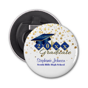 Graduation Cap Blue Gold Confetti Personalised Bottle Opener