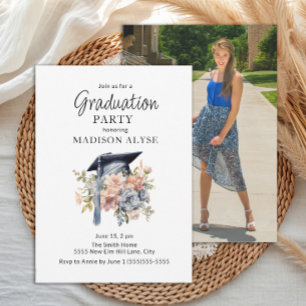 Graduation Cap Blue Pink Floral Photo Graduation Invitation