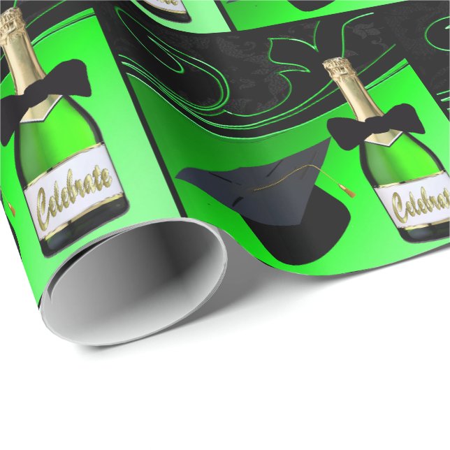 Graduation Cap  Champagne Bottle Bow Tie Wrapping Paper (Roll Corner)