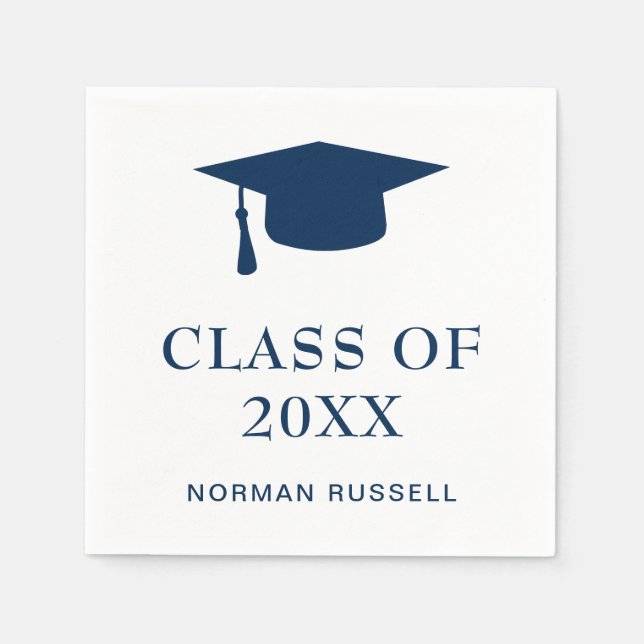 Graduation Cap Class Of Navy Blue and White Napkin (Front)