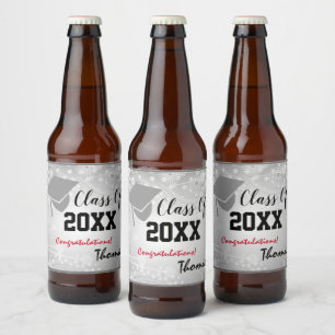 Graduation Cap, Class Year 20XX party Silver Beer Bottle Label