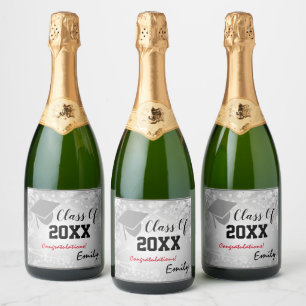 Graduation Cap, Class Year 20XX party Silver Sparkling Wine Label