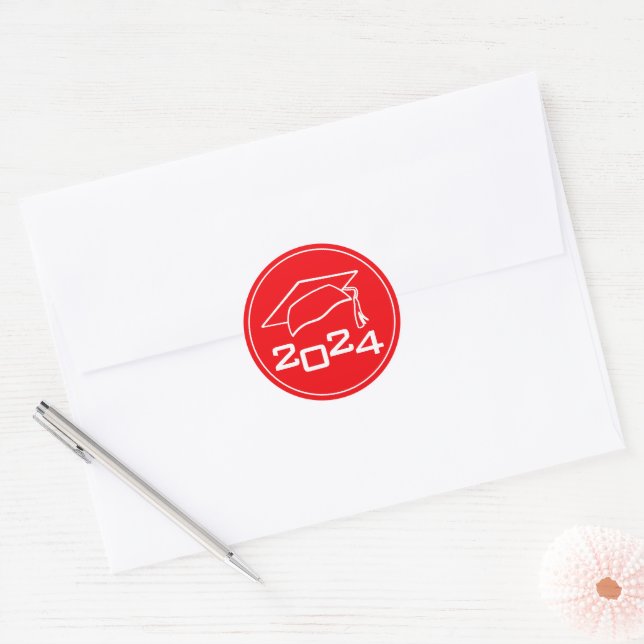 Graduation Cap Class Year Red Classic Round Sticker (Envelope)