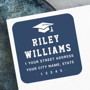 Graduation cap dark blue return address square sticker
