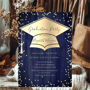 Graduation Cap,Diamonds Frame Navy Blue Graduation Invitation