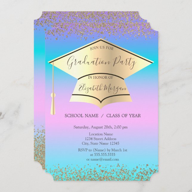 Graduation Cap,Diamonds Holographic Graduation Invitation (Front/Back)