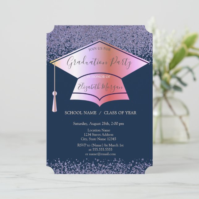 Graduation Cap,Diamonds Navy Blue Invitation (Standing Front)