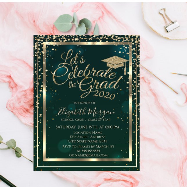 Graduation Cap Diamonds Stars Green Graduation  Invitation (Creator Uploaded)