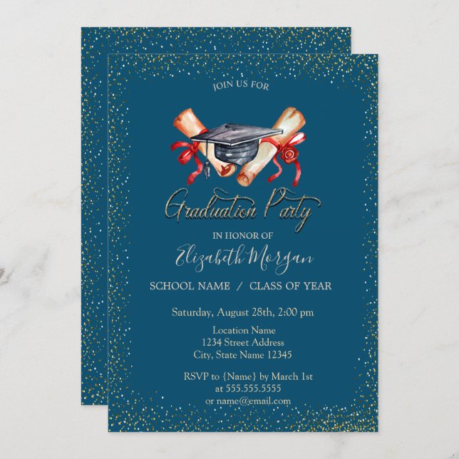 Graduation Cap Diploma Graduation  Invitation (Front/Back)