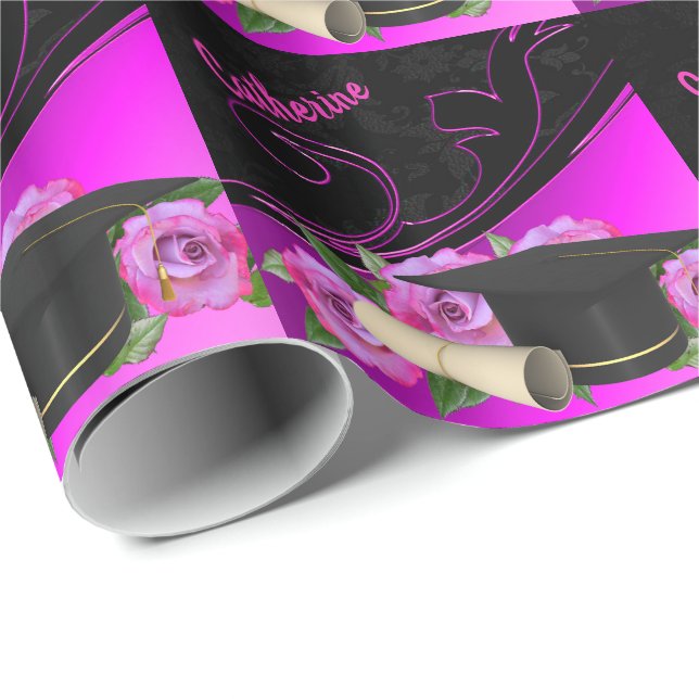 Graduation Cap Diploma Pink Black Personal Wrapping Paper (Roll Corner)