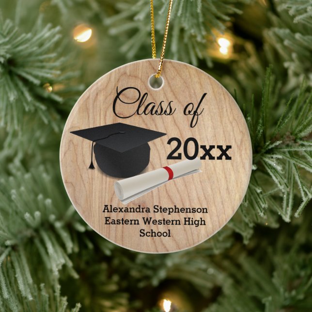 Graduation Cap Diploma Wood-Look Customised Ceramic Tree Decoration (Tree)