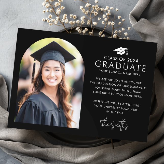Graduation cap elegant arch black photo announcement (Graduation cap elegant arch black photo announcement)