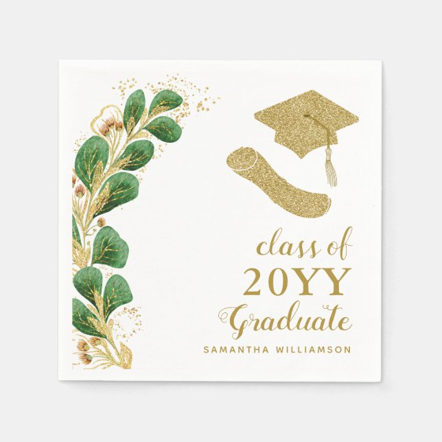 Graduation Cap Faux Gold Year Script Elegant Napkin (Front)
