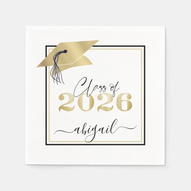 Graduation Cap Faux Metallic Gold 2026 Script Napkin (Front)