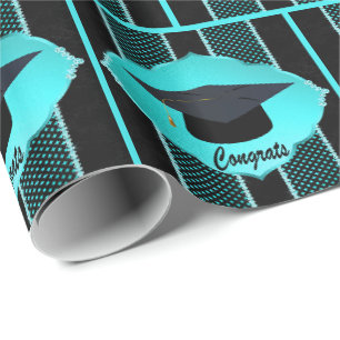 Graduation Cap Faux Rhinestone Black Turquoise Wrapping Paper