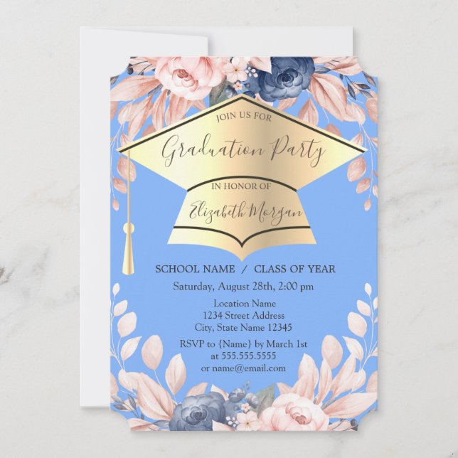 Graduation Cap,Flowers Light Blue Graduation  Invitation (Front)