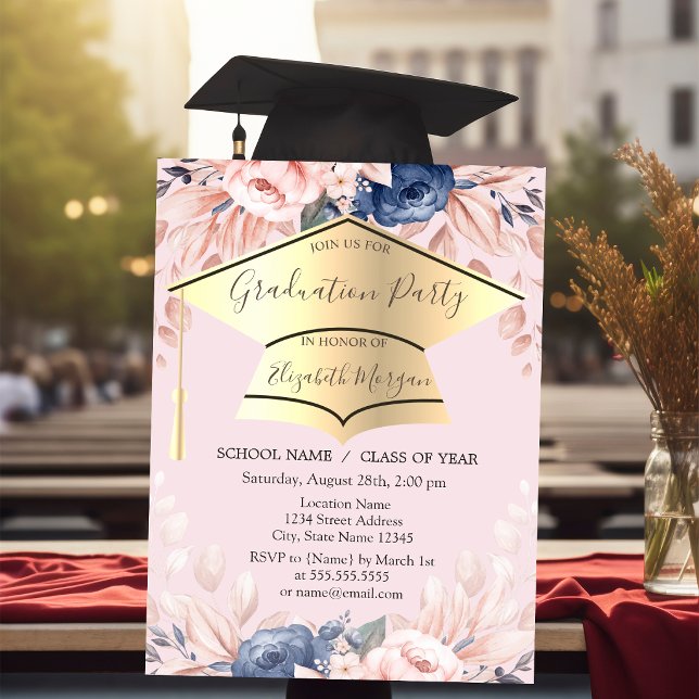 Graduation Cap,Flowers Light Pink Graduation  Invitation (Creator Uploaded)
