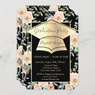 Graduation Cap,Flowers Roses Black Graduation Invitation