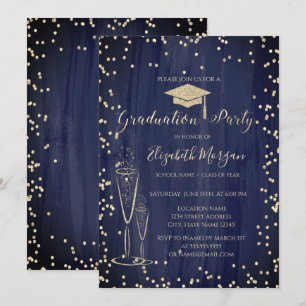 Graduation Cap,Glass Diamonds Blue Graduation Invitation