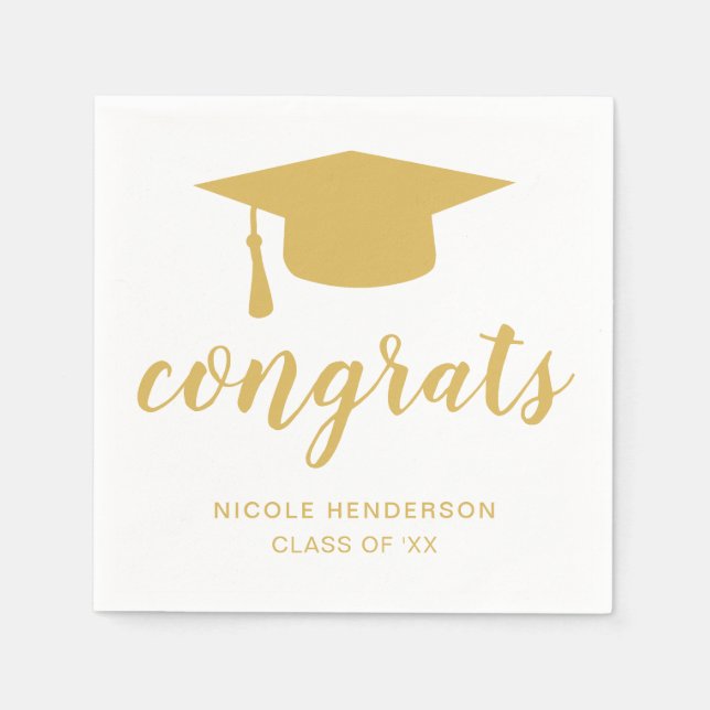 Graduation Cap Gold and White Congrats Napkin (Front)