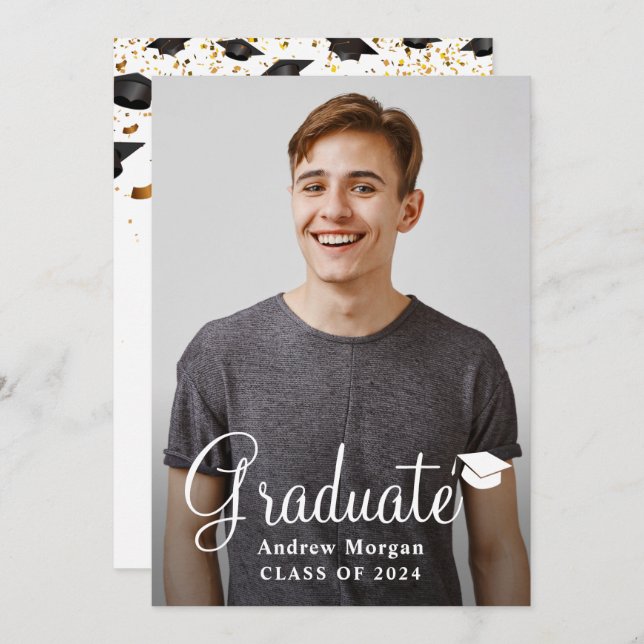 Graduation Cap & Gold confetti Graduate Photo Grad Invitation (Front/Back)