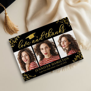 Graduation Cap Gold Foil On Black Love And Thanks Invitation