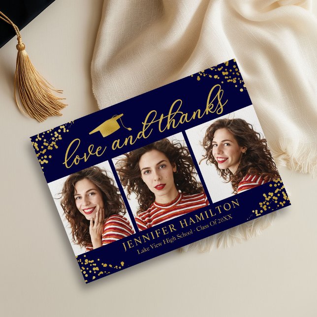 Graduation Cap Gold Foil On Blue Love And Thanks Invitation (Creator Uploaded)