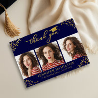 Graduation Cap Gold Foil On Blue Thank You