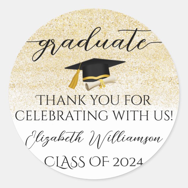 Graduation Cap Gold Glitter Graduate Party Favour  Classic Round Sticker (Front)