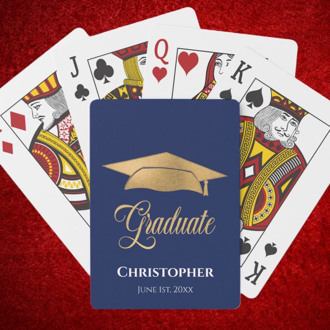 Graduation Cap Gold Modern Elegant Blue Playing Cards (Creator Uploaded)