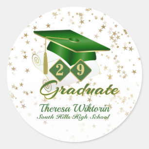 Graduation Cap Green Gold Stars Personalised Classic Round Sticker