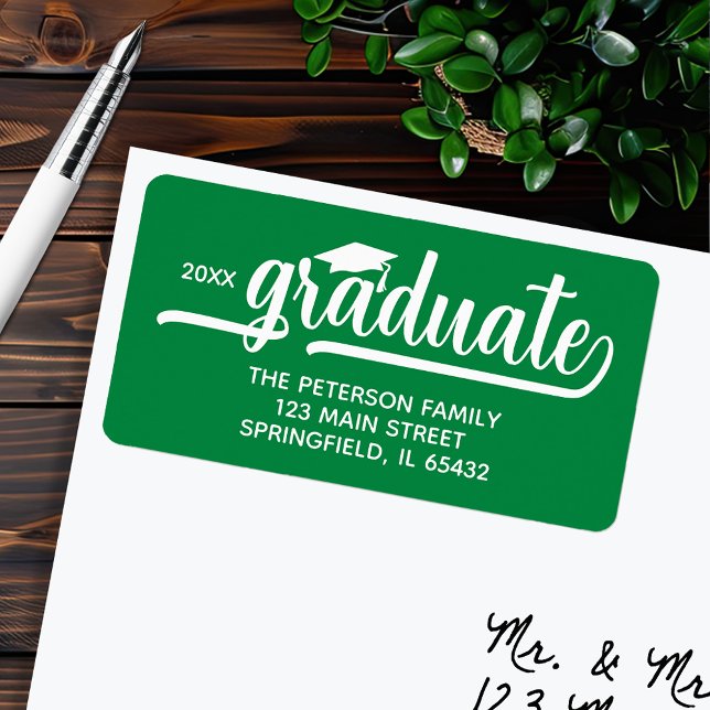 Graduation Cap Green Return Address Label (Graduation script green return address labels, 2.375" x 1.25", 18 labels per sheet)
