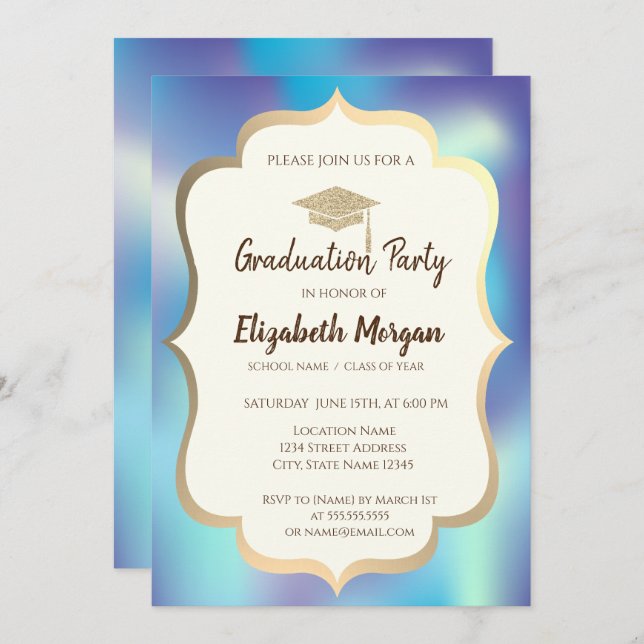 Graduation Cap Holographic Blue Graduation Part Invitation (Front/Back)