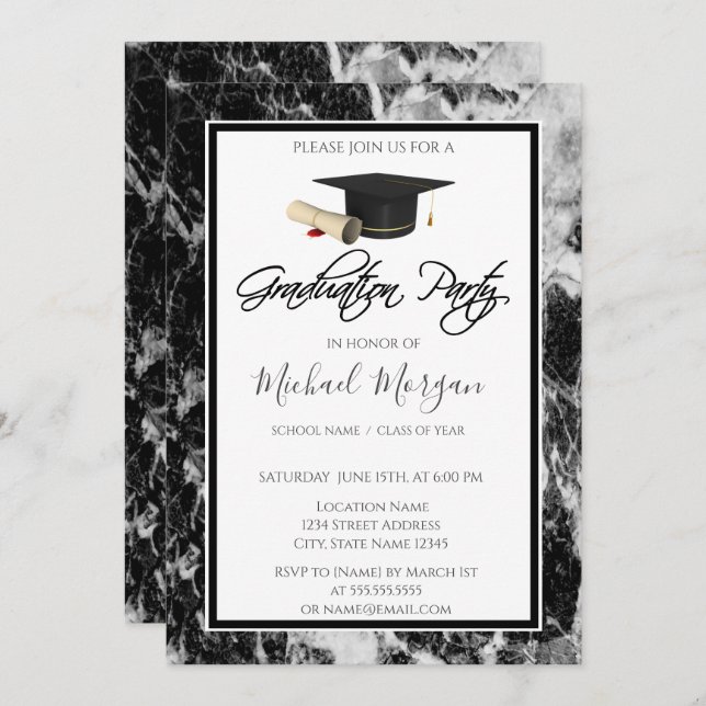 Graduation Cap Marble Black Graduation Party Invitation (Front/Back)